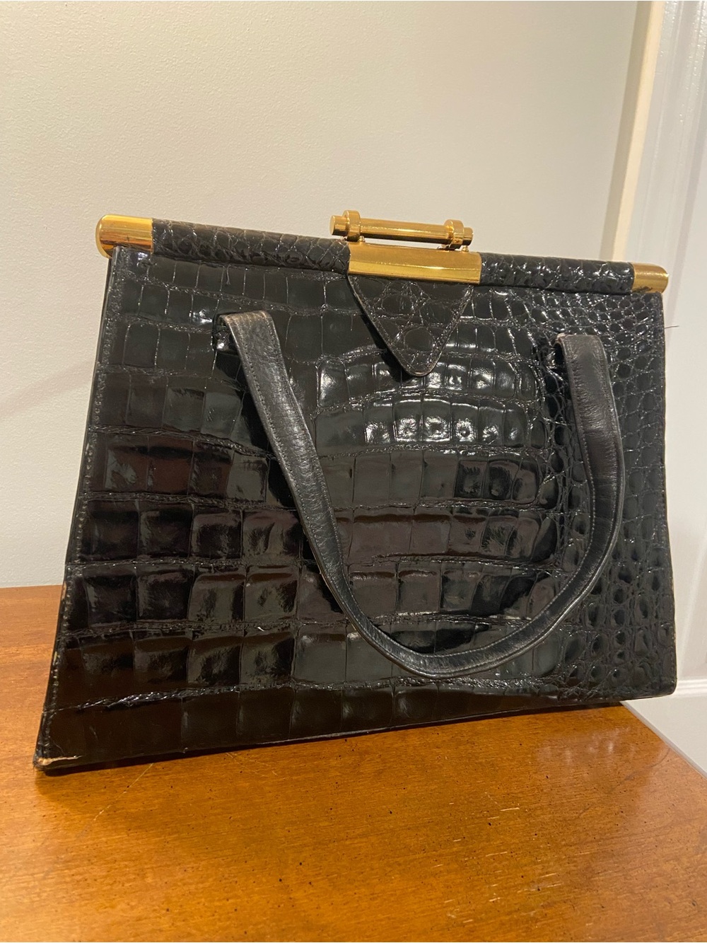 Vintage Black Alligator Handbag by Vassar. Double Strap